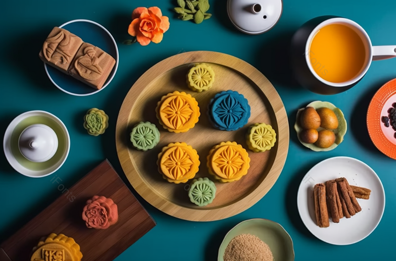 中式糕点月饼茶壶托盘摆拍俯拍,高清,摄影图,摄影图片,图片大全,摄影图免费下载